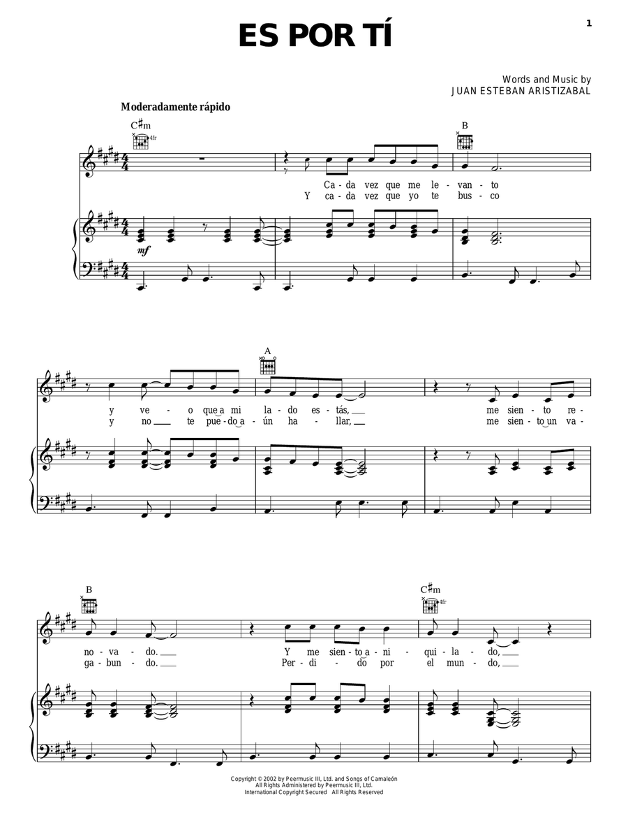 Es Por Ti Piano, Vocal, Guitar scores gallery preview page 1