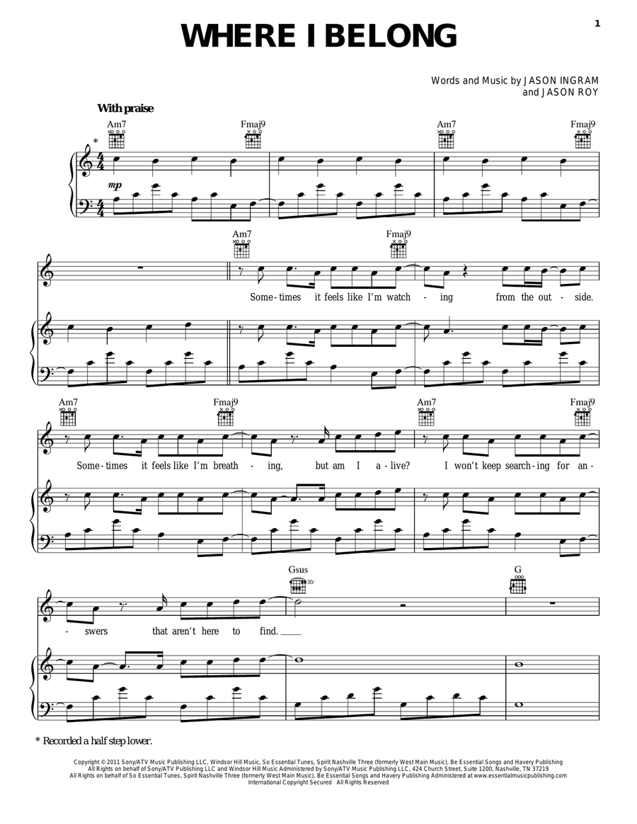 Where I Belong Piano, Vocal, Guitar scores gallery preview page 1
