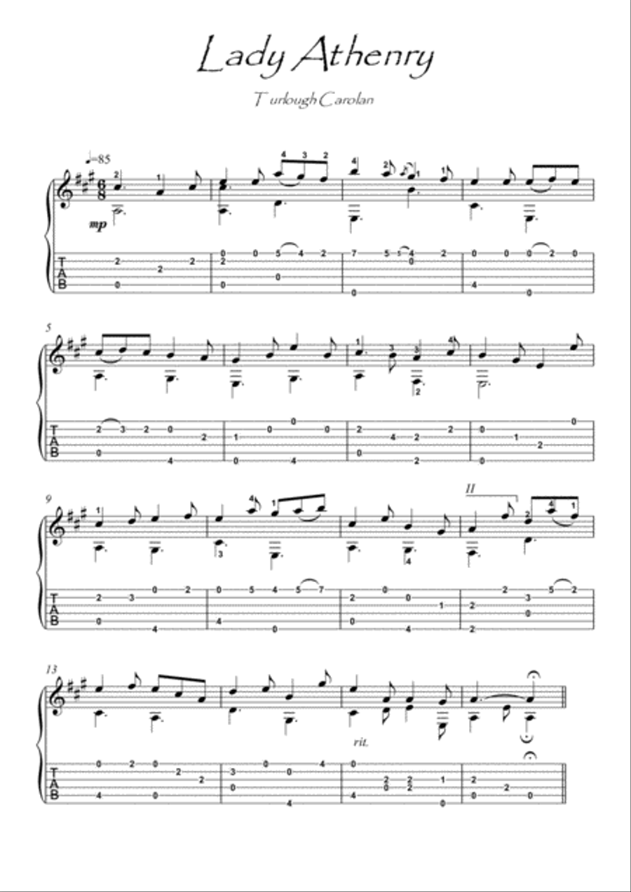 Lady Athenry by Carolan guitar fingerstyle with tablature Classical Guitar scores gallery preview page 1