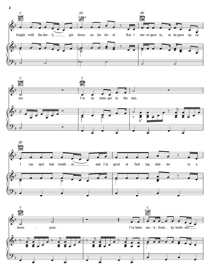 I'm No Stranger To The Rain Piano, Vocal, Guitar scores gallery preview page 2