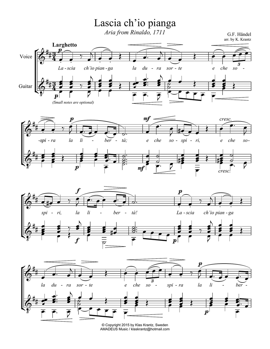 Aria - Lascia ch'io pianga for voice and guitar Acoustic Guitar scores gallery preview page 2