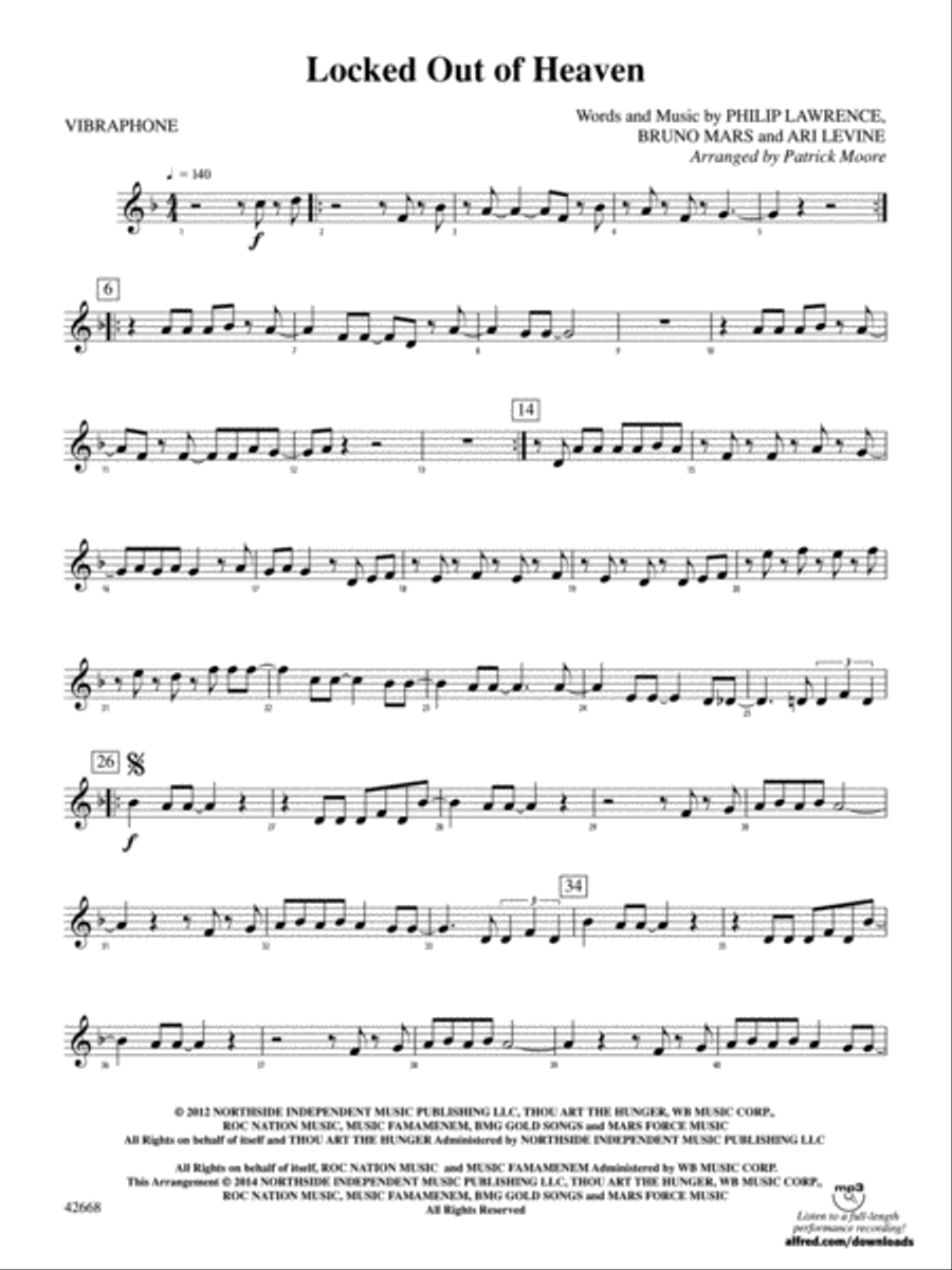 Locked Out of Heaven: Vibraphone Percussion Ensemble scores gallery preview page 1