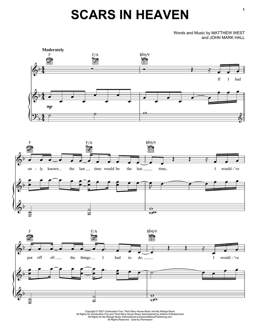 Scars In Heaven Piano, Vocal, Guitar scores gallery preview page 1