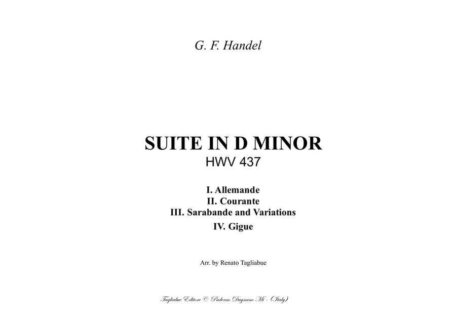 HANDEL - SUITE IN D MINOR HWV 437 - Allemande, Courante, Sarabande, Gigue. Arr. for Piano/Organ Harpsichord scores gallery preview page 1