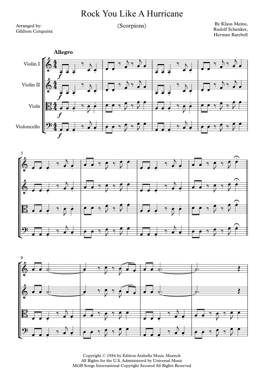 Rock You Like A Hurricane String Quartet scores gallery preview page 1