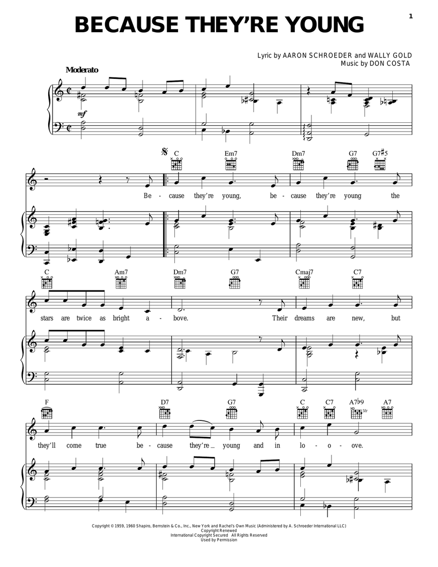 Because They're Young Because They're Young Piano, Vocal, Guitar scores gallery preview page 1