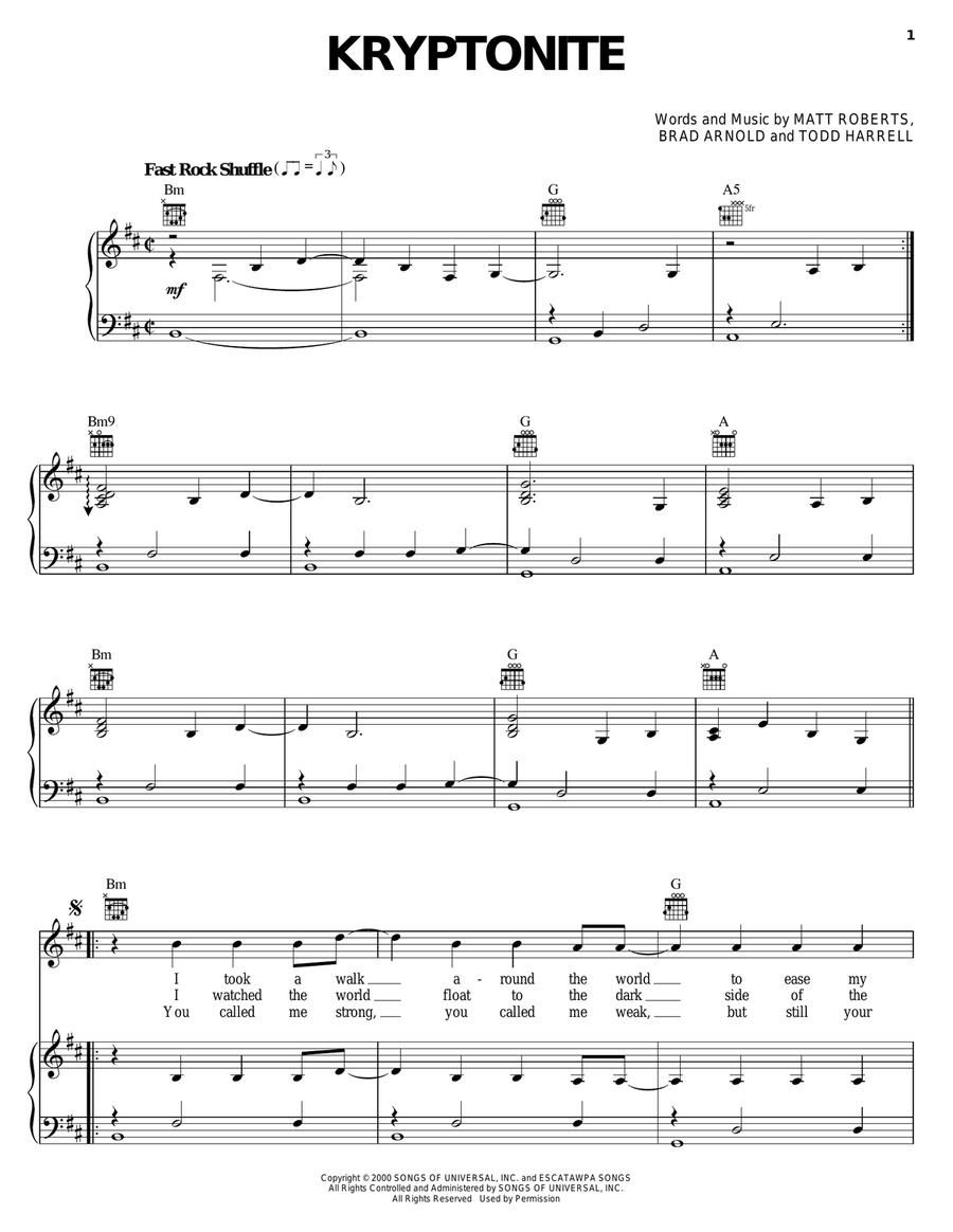 Kryptonite Piano, Vocal, Guitar scores gallery preview page 1