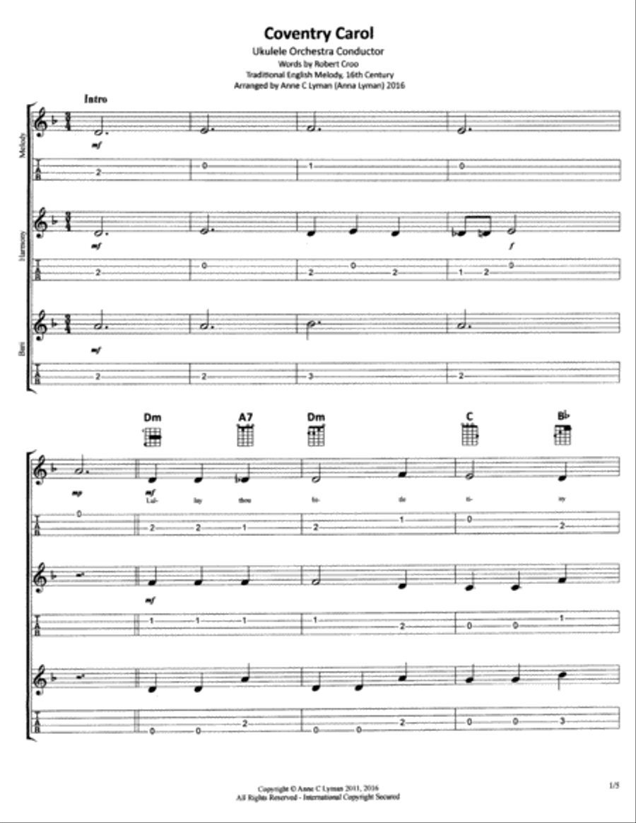 Coventry Carol for Ukulele Ensemble plus Baritone ukulele, Early-Intermediate level Voice scores gallery preview page 3