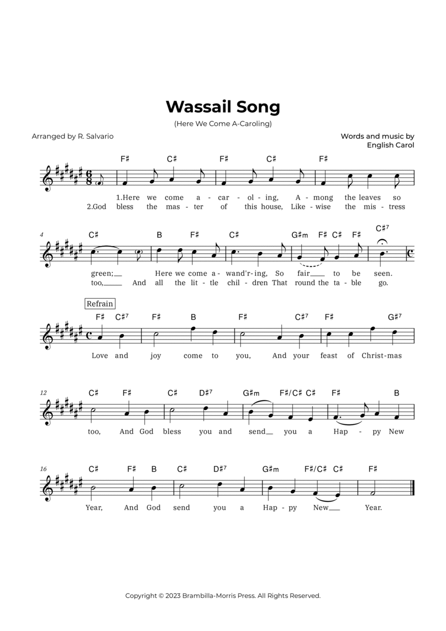 Wassail Song (Here We Come A-Caroling) - Key of F-Sharp Major Piano scores gallery preview page 1