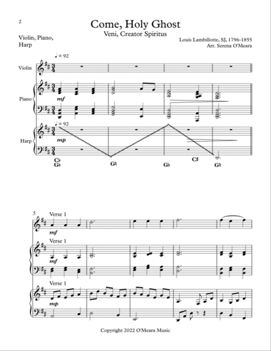 Come, Holy Ghost, Trio for Violin, Harp, Piano Pedal Harp scores gallery preview page 2