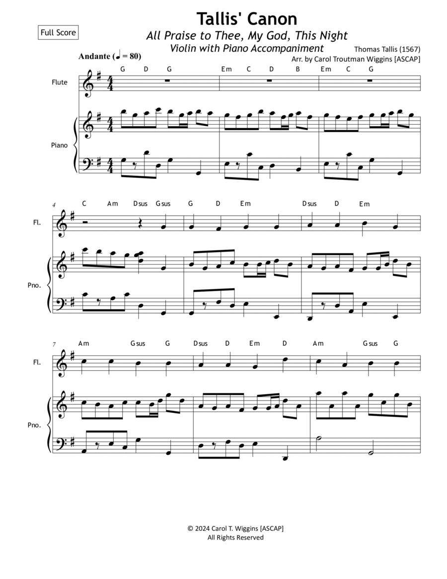 Tallis Canon (All Praise to Thee, My God, This Night) Violin w/Piano Accompaniment Violin Solo scores gallery preview page 1