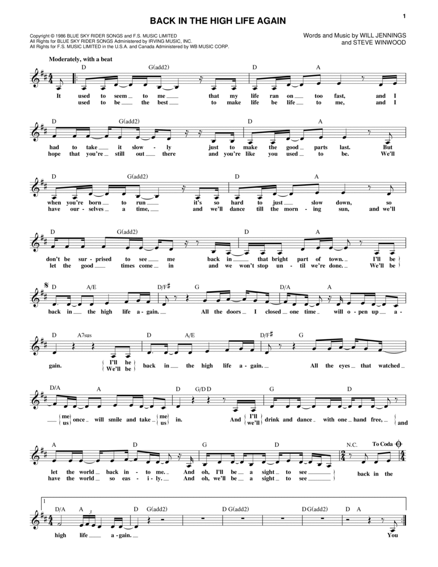 Back In The High Life Again Piano scores gallery preview page 1