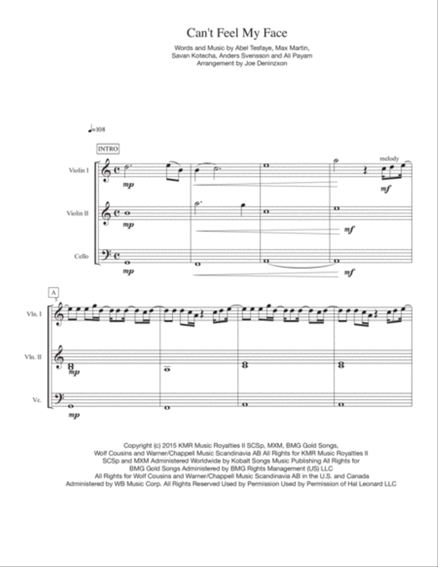 Can't Feel My Face String Trio scores gallery preview page 1