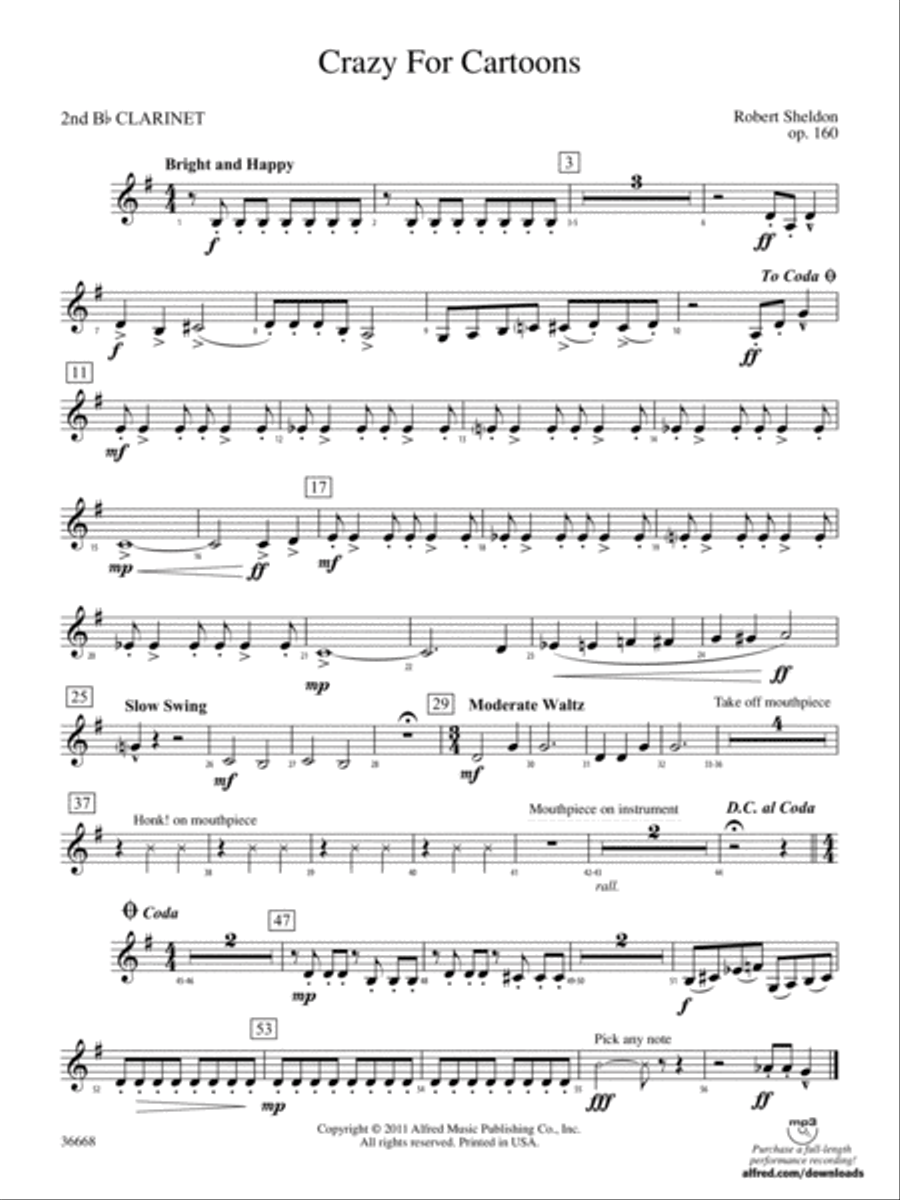 Crazy for Cartoons: 2nd B-flat Clarinet Concert Band scores gallery preview page 1