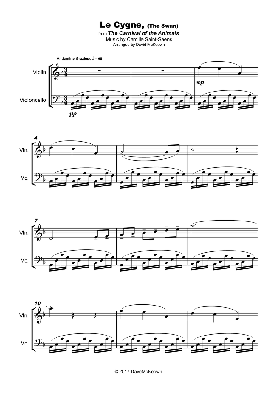 The Swan, (Le Cygne), by Saint-Saens, Duet for Violin and Cello String Duet scores gallery preview page 1