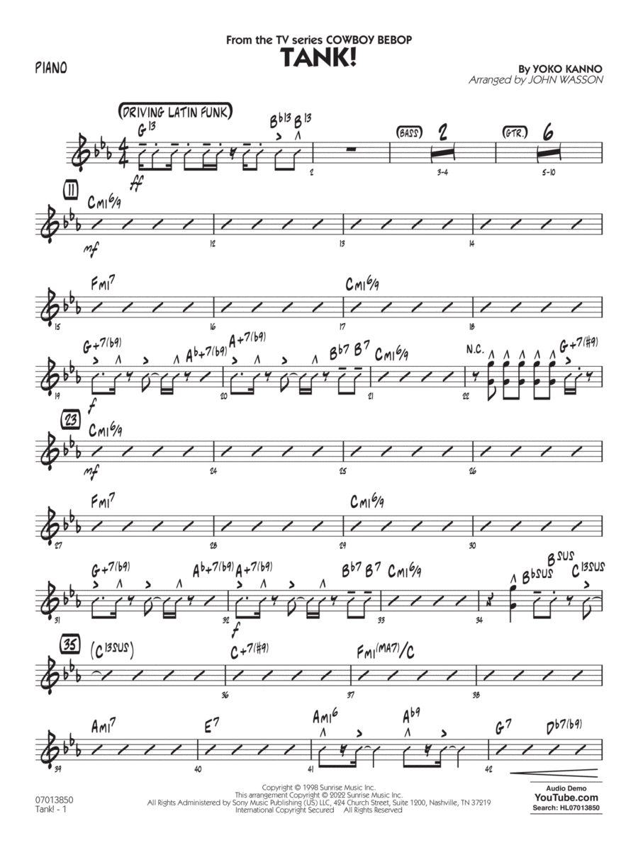 Tank! (from Cowboy Bebop) (arr. John Wasson) - Piano Jazz Ensemble scores gallery preview page 1