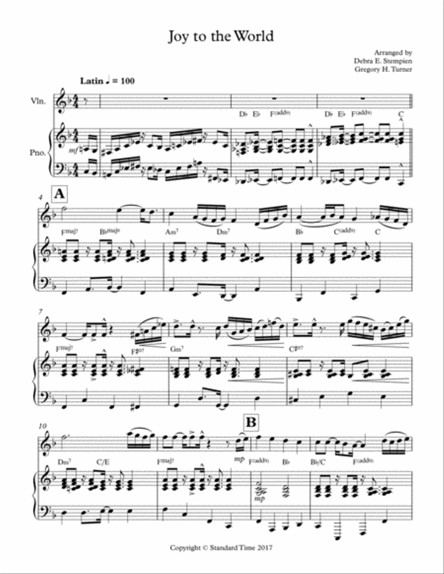 Joy to the World for Violin Solo with Piano Accompaniment (Latin, Jazz) Violin Solo scores gallery preview page 1