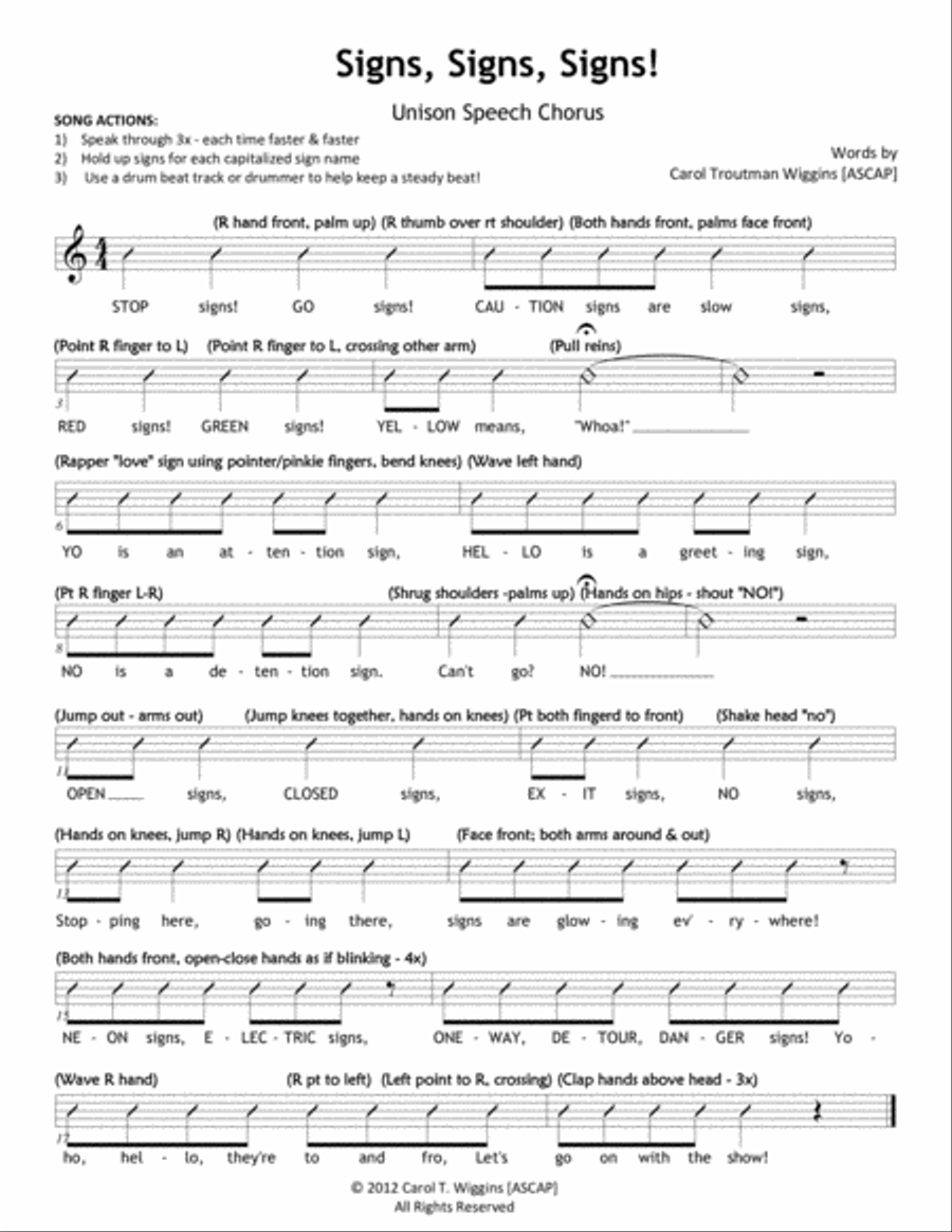 Signs, Signs, Signs! Signs, Signs, Signs! Unison Choir scores gallery preview page 1