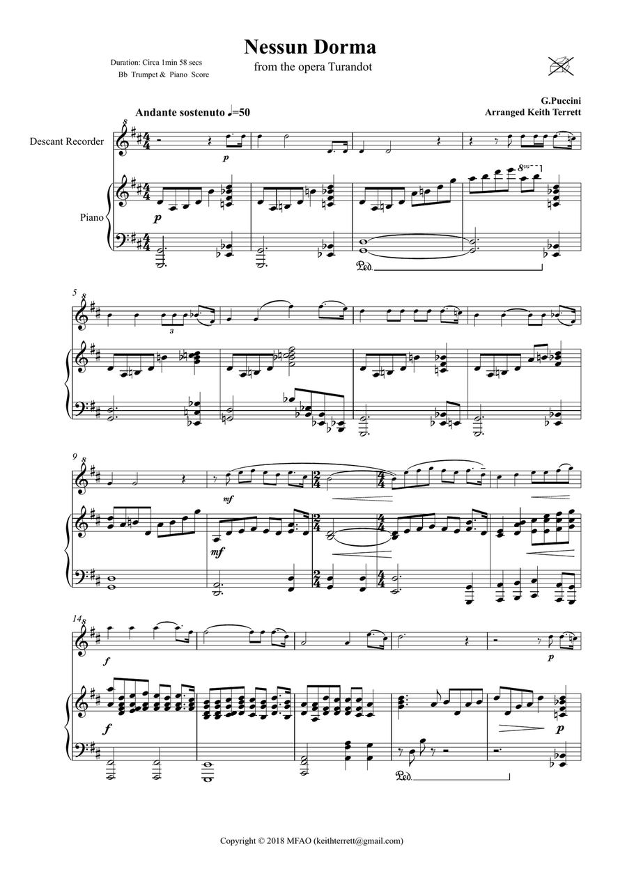 Nessun Dorma for Descant Recorder & Piano Woodwind Duet scores gallery preview page 2
