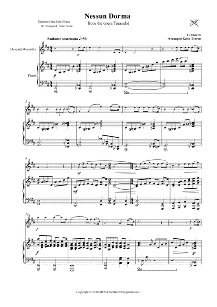 Nessun Dorma for Descant Recorder & Piano image number null