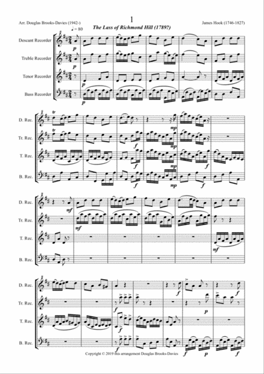 James Hook: Six Songs for SATB Recorder Quartet Recorder scores gallery preview page 2
