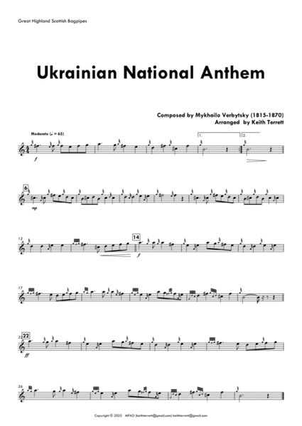 Ukrainian National Anthem for Scottish Highland Bagpipes & Concert/Military Band in C minor