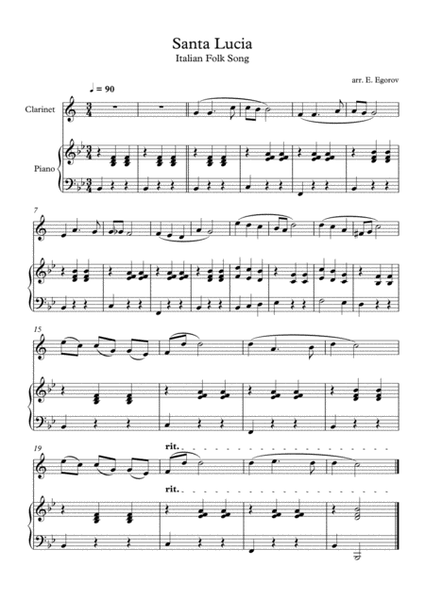 Santa Lucia, Italian Folk Song, For Clarinet & Piano image number null