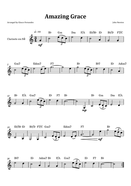 Amazing Grace - Clarinet Solo with Chord Notation image number null