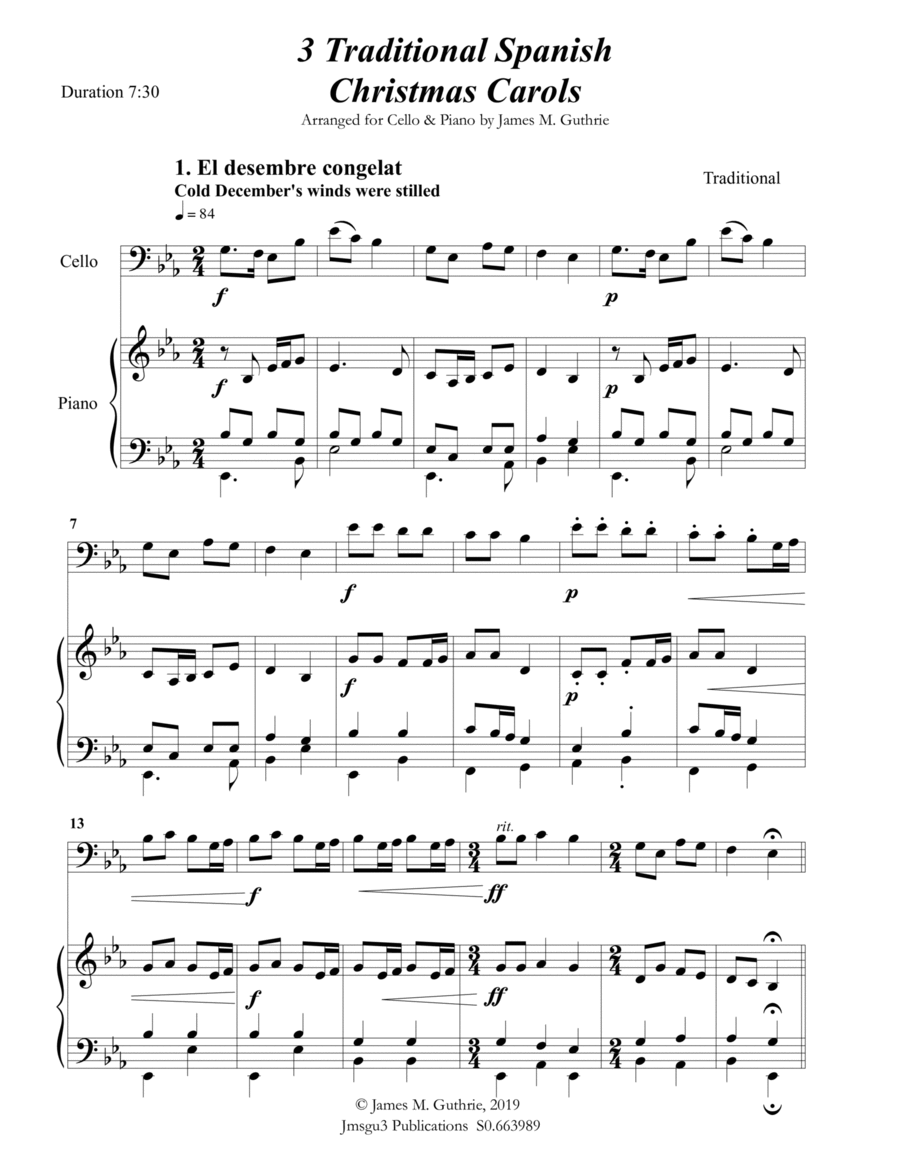 3 Traditional Spanish Christmas Carols for Cello & Piano Piano scores gallery preview page 1