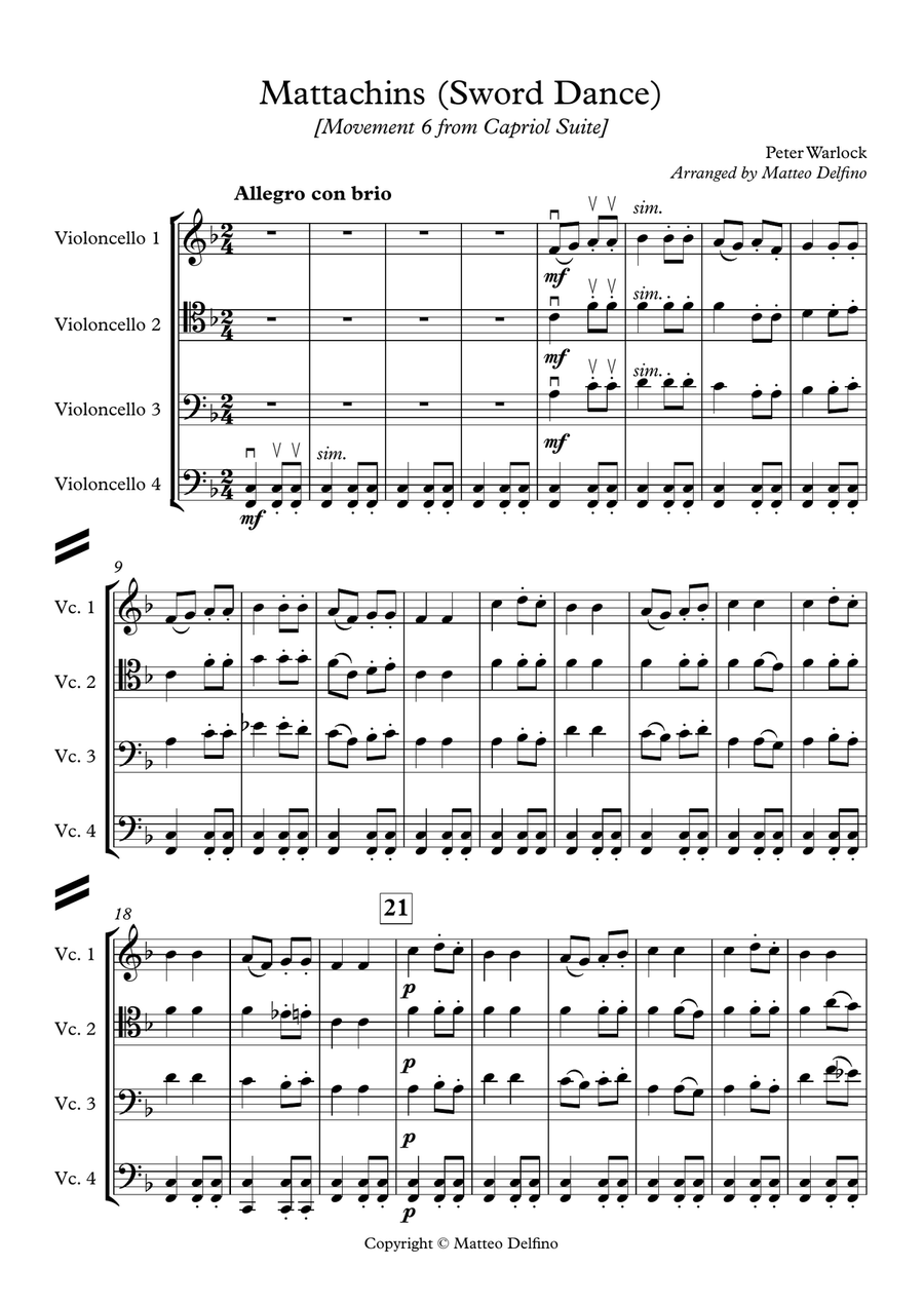 Mattachins (Sword Dance) [Movement 6 from Capriol Suite] {Cello Quartet} Chamber Orchestra scores gallery preview page 2