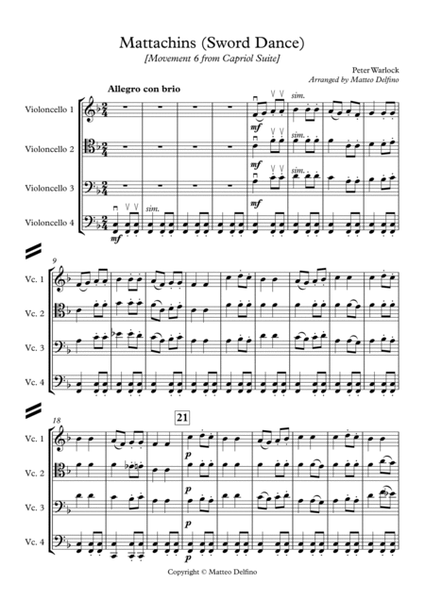 Mattachins (Sword Dance) [Movement 6 from Capriol Suite] {Cello Quartet} image number null