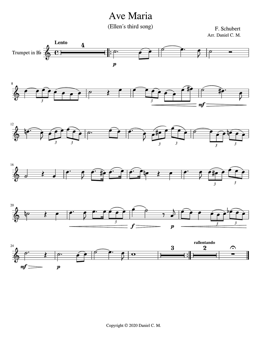 Ave Maria for Bb trumpet and piano (simplified) Trumpet Duet scores gallery preview page 1