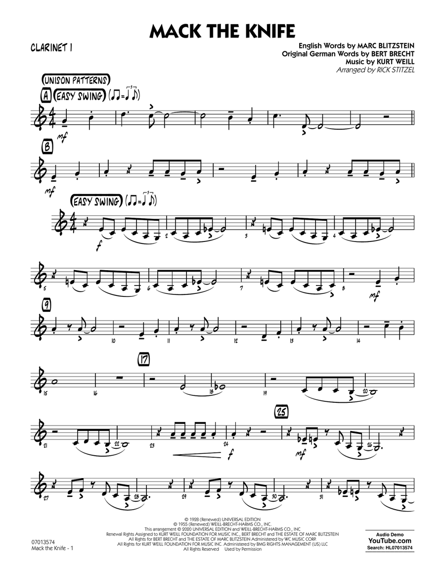 Mack The Knife (arr. Rick Stitzel) - Bb Clarinet 1