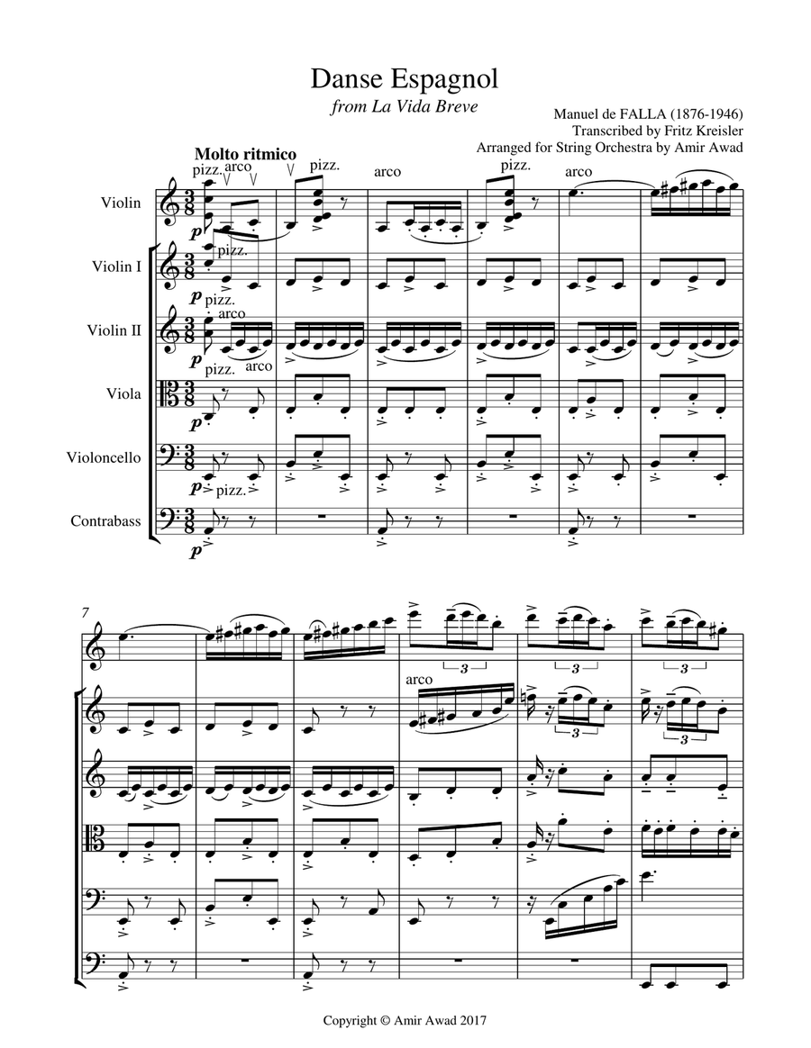 Manuel De Falla Spanish Dance (La Vida breve) arranged for solo violin and string Orchestra , Violin String Orchestra scores gallery preview page 1