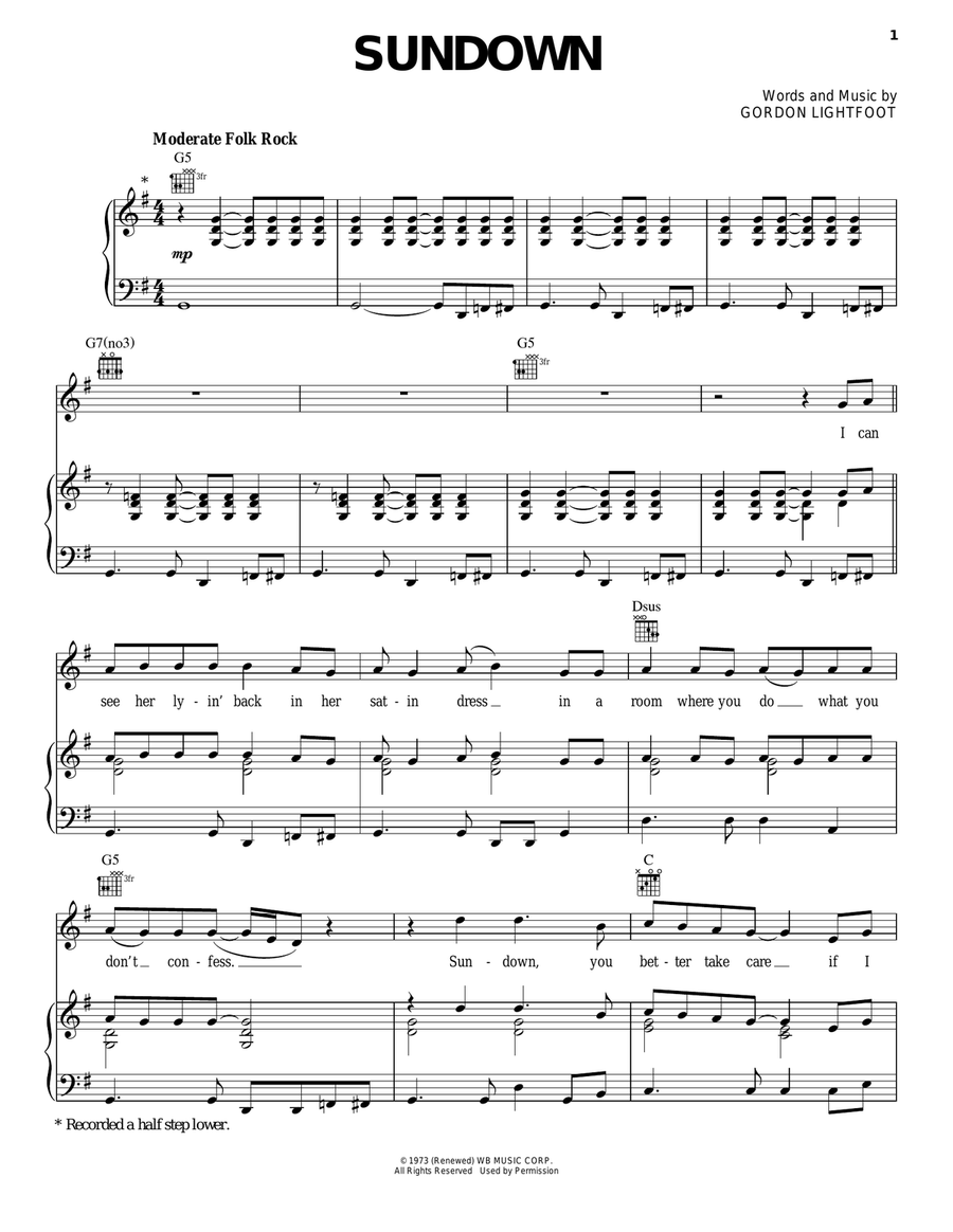Sundown Piano, Vocal, Guitar scores gallery preview page 1