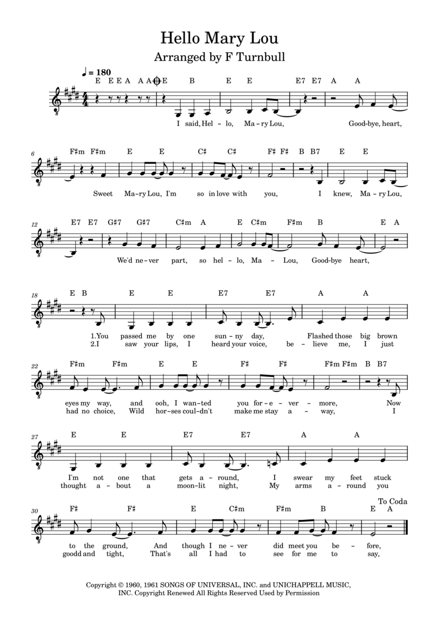 Hello Mary Lou Piano, Vocal, Guitar scores gallery preview page 1