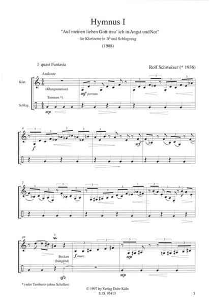 Hymnus I "Auf meinen lieben Gott trau' ich in Angst und Not" (1988) -Fassung für Klarinette in B und Schlagzeug-