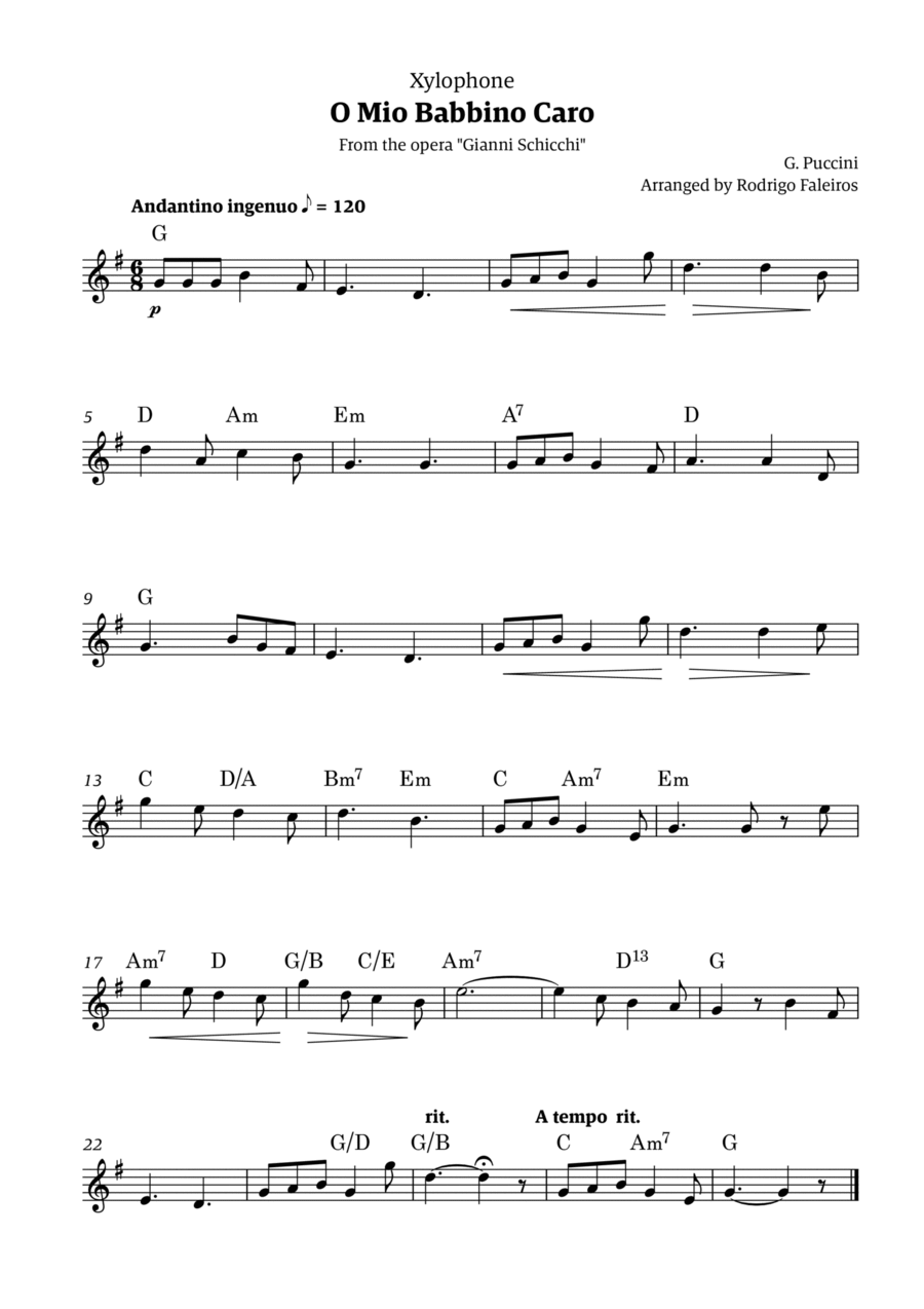 O Mio Babbino Caro - for xylophone solo (with chords) Percussion scores gallery preview page 1