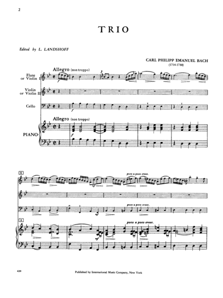 Trio In B Flat Major For Flute, Violin & Piano Or 2 Violins & Piano (With Cello Ad Lib.)