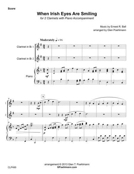 WHEN IRISH EYES ARE SMILING - CLARINET DUET with Piano Accompaniment image number null