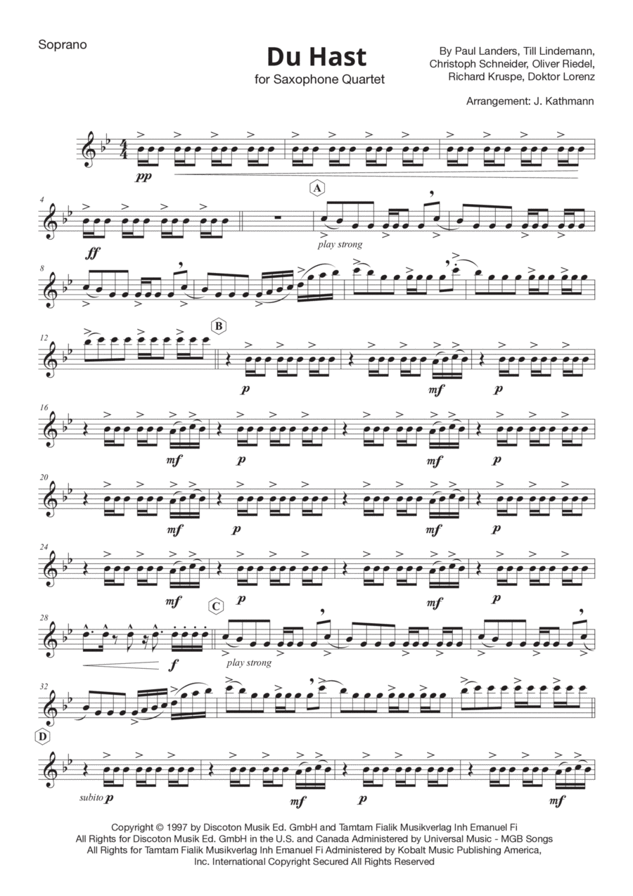 Du Hast Saxophone Quartet scores gallery preview page 1