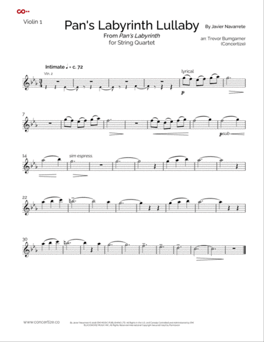 Pan's Labyrinth Lullaby String Quartet scores gallery preview page 3