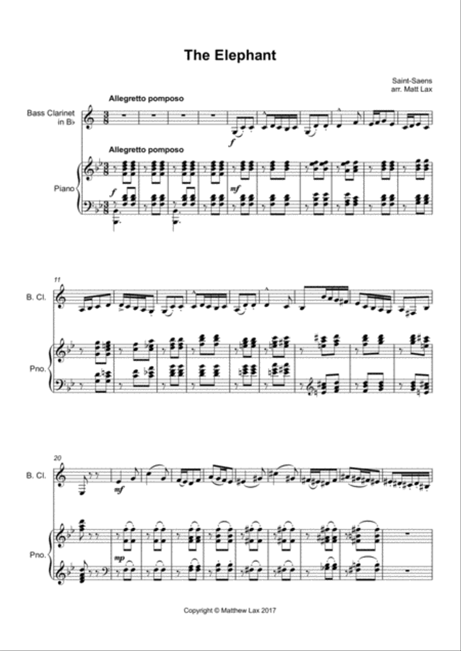 The Elephant from The Carnival of the Animals (Bass clarinet and Piano) Bass Clarinet scores gallery preview page 2