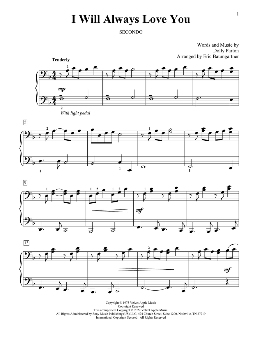 I Will Always Love You (arr. Eric Baumgartner) 1 Piano, 4-Hands scores gallery preview page 1