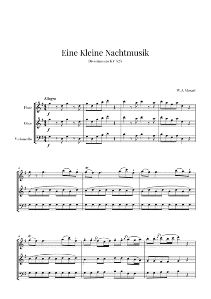 Eine Kleine Nachtmusik for Flute, Oboe and Cello Woodwind Ensemble scores gallery preview page 1