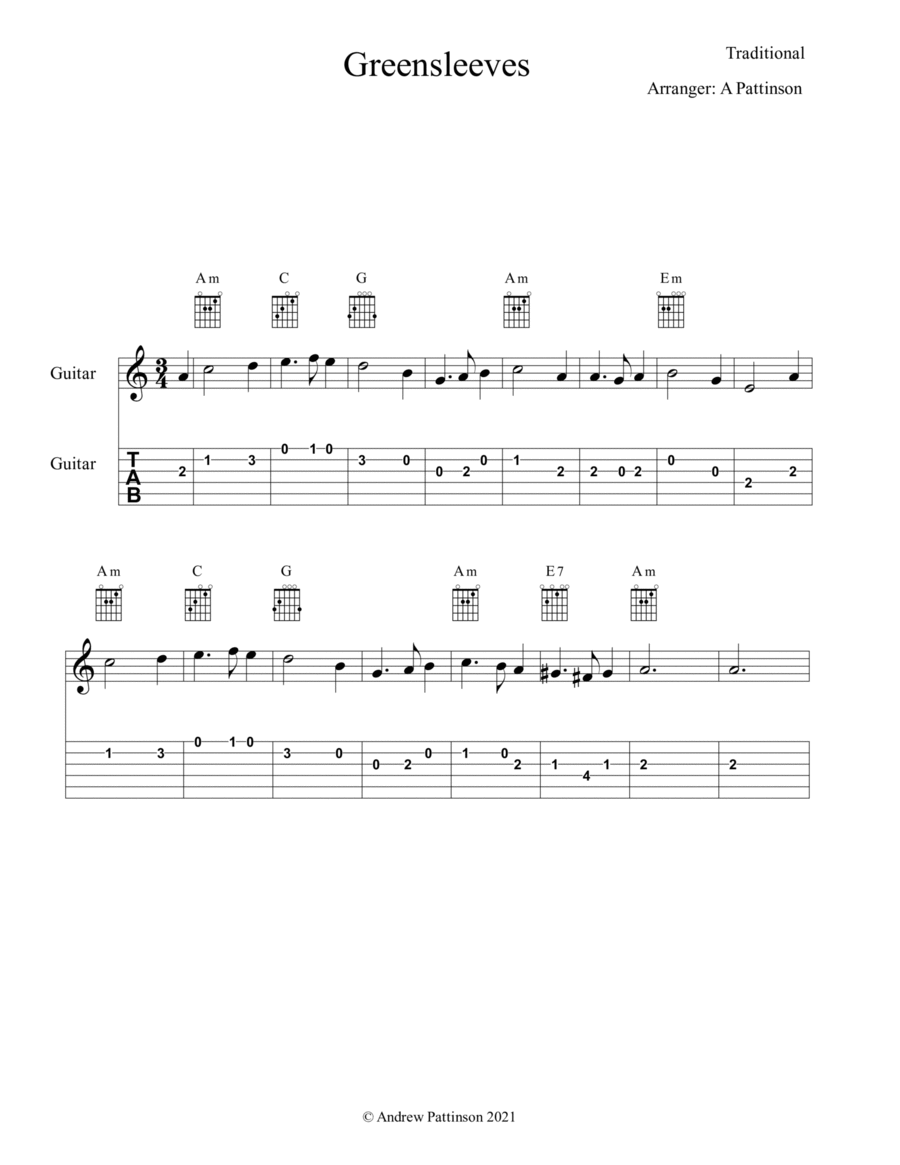 Greensleeves for Easy Guitar Acoustic Guitar scores gallery preview page 1