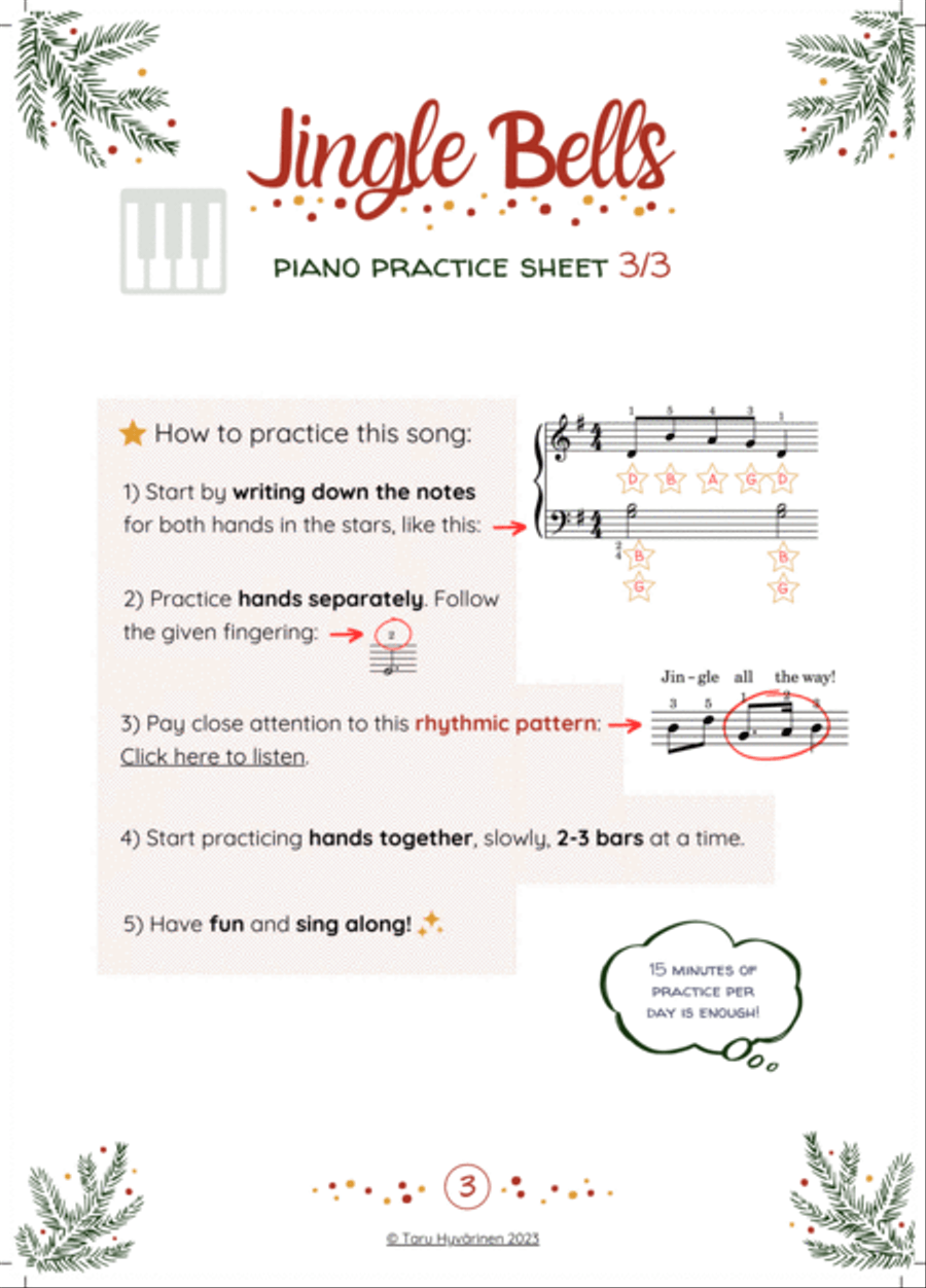 Easy Beginner Piano PRACTICE SHEET + AUDIO Sheet Music 'Jingle Bells' for Beginners/Kids | Christmas Easy Piano scores gallery preview page 4