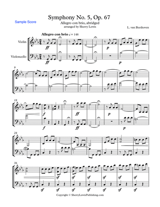 SYMPHONY NO. 5 OP. 67, BEETHOVEN - ALLEGRO CON BRIO, String Duo, Abridged, Intermediate Level for vi