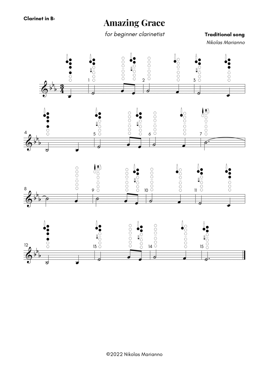 Amazing Grace for beginner clarinetist with finger chart B-Flat Clarinet scores gallery preview page 1