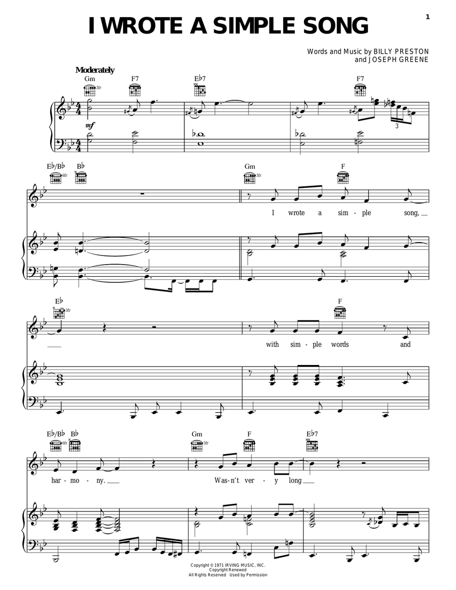 I Wrote A Simple Song Piano, Vocal, Guitar scores gallery preview page 1